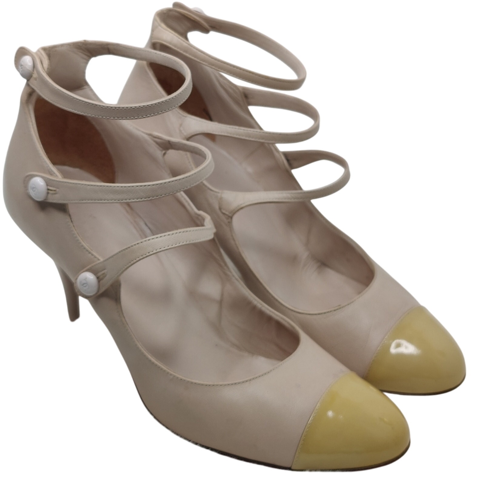 Vintage 90s Nude Cap Toe Chanel Mary Jane Pumps Sz 40.5/9